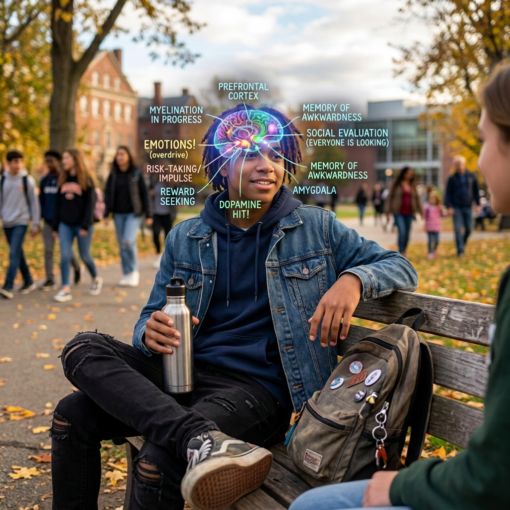 Student sitting on campus bench holding a water bottle beside a backpack