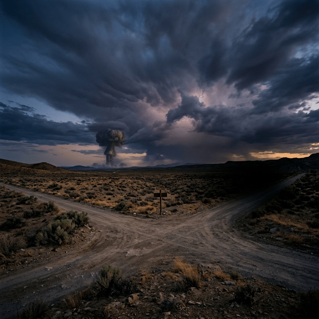 Desert crossroads beneath dramatic storm clouds and distant mountains