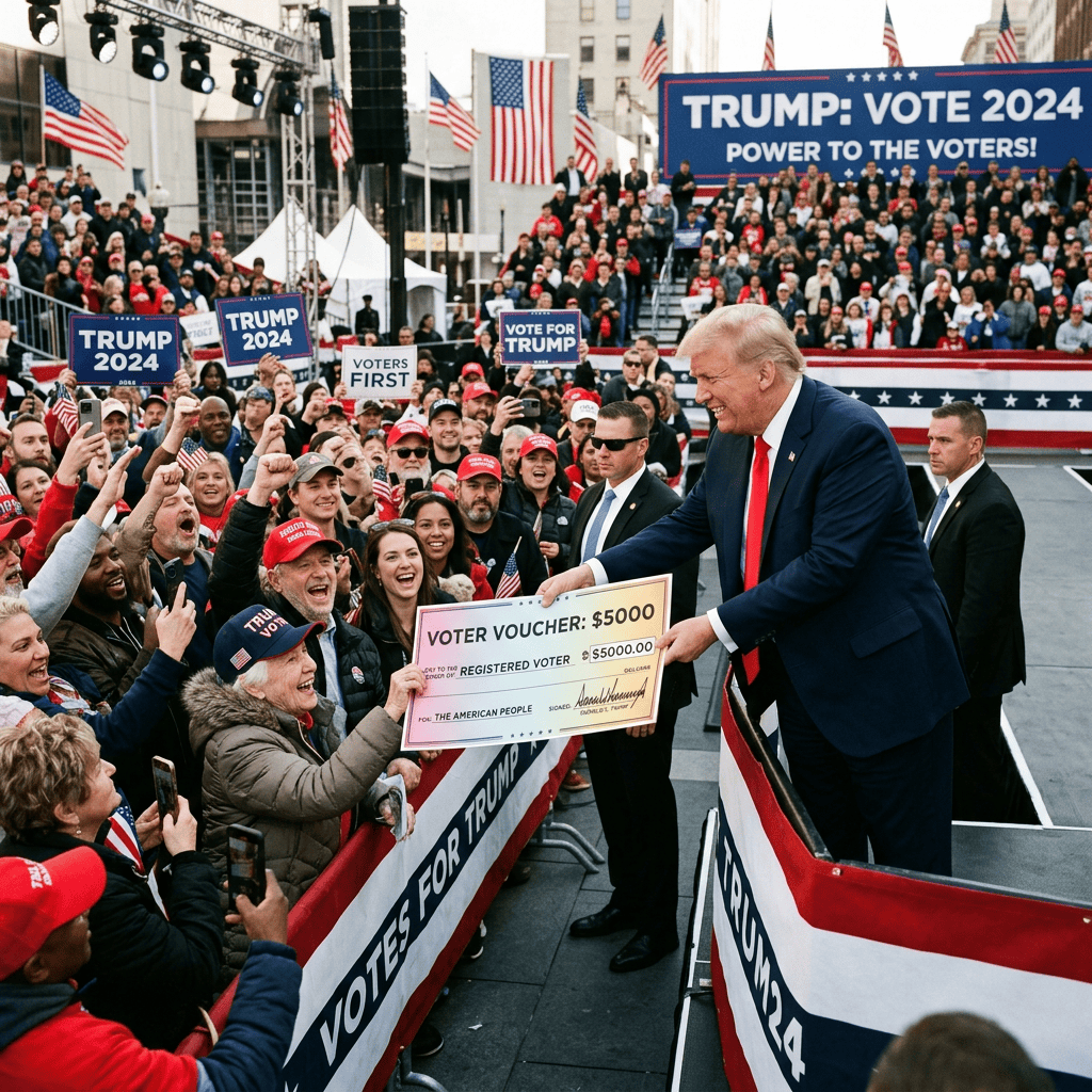 Donald Trump presents a $5,000 voter voucher amid Trump 2024 rally signs and flags