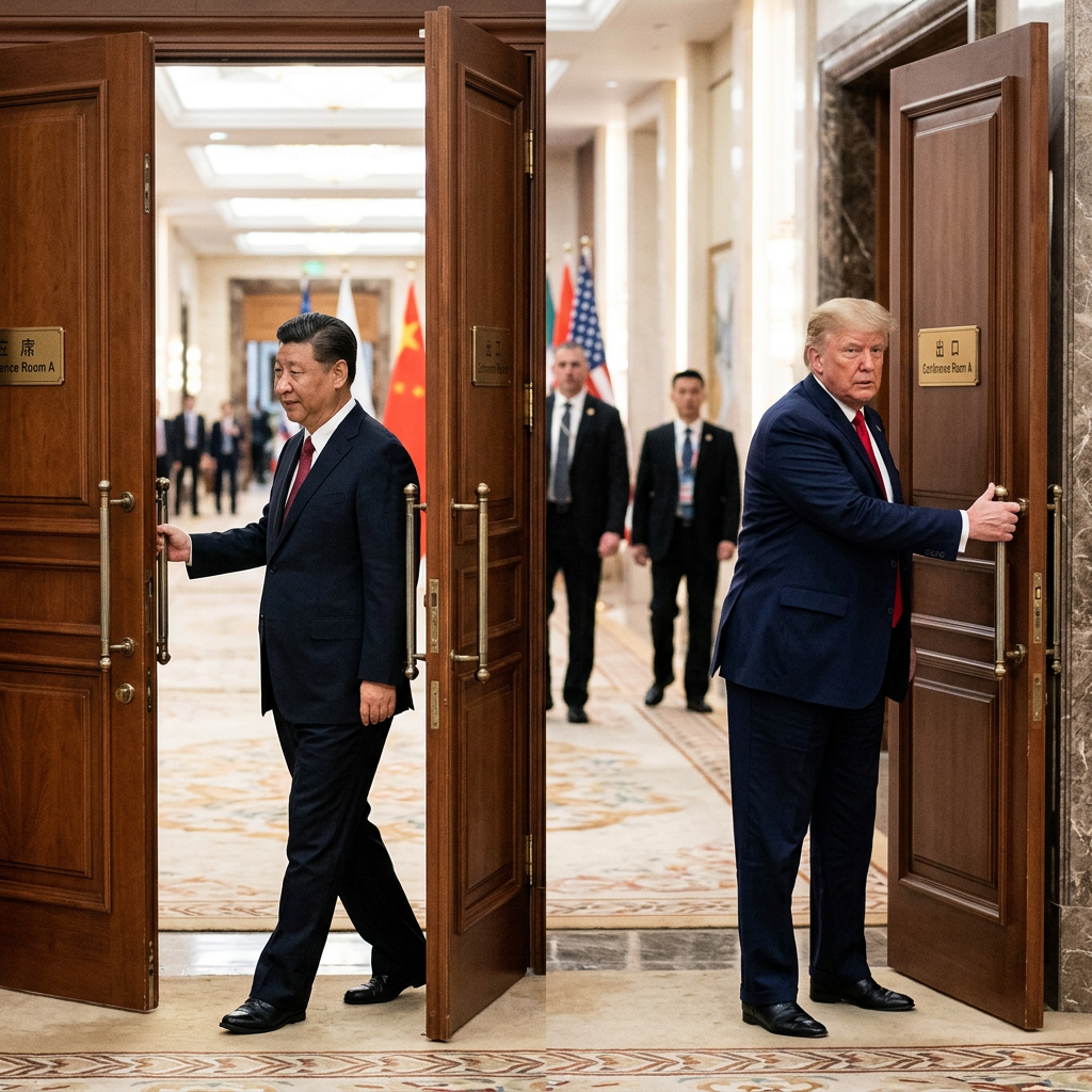 Xi Jinping and Donald Trump exiting separate conference rooms