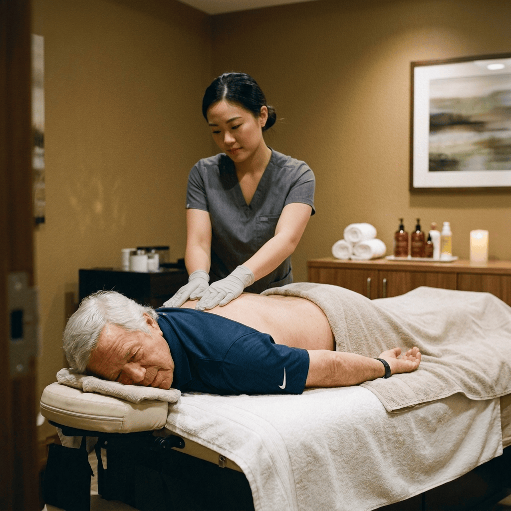 Therapist massaging an older man's back on a treatment table