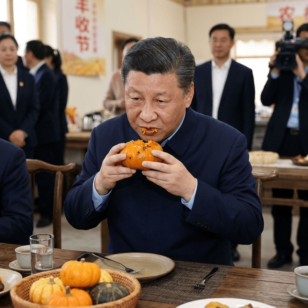 Xi Jinping eating a pumpkin pastry at a table