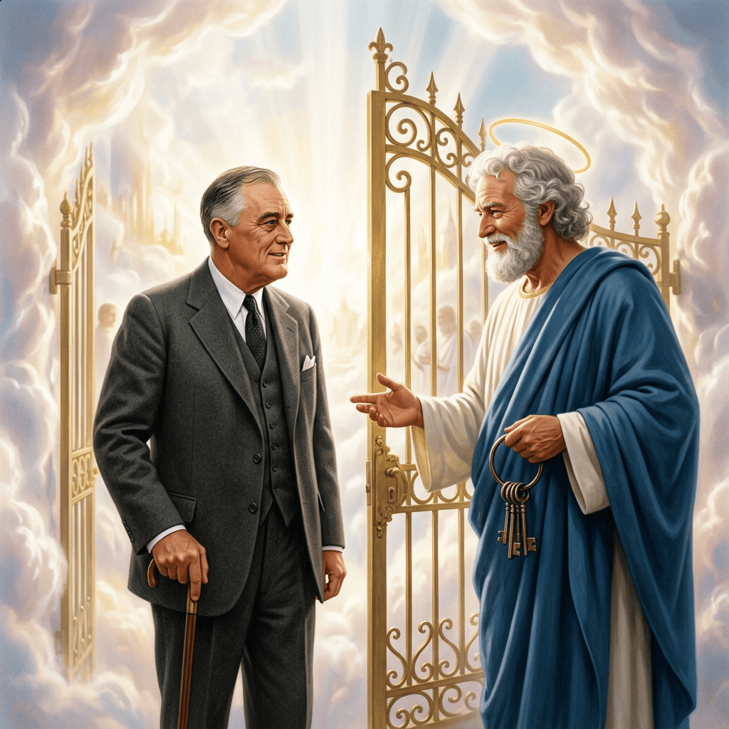 Suited man meeting a haloed gatekeeper at ornate golden gates
