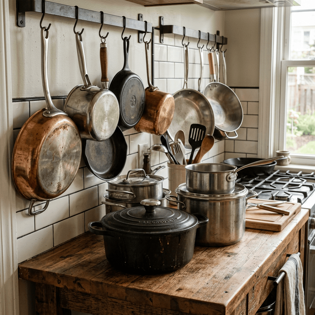 Pots, pans, and utensils hanging above a wooden kitchen counter