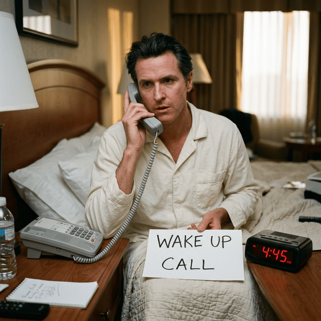 Man on hotel bed holding phone beside “WAKE UP CALL” sign and 4:45 AM clock