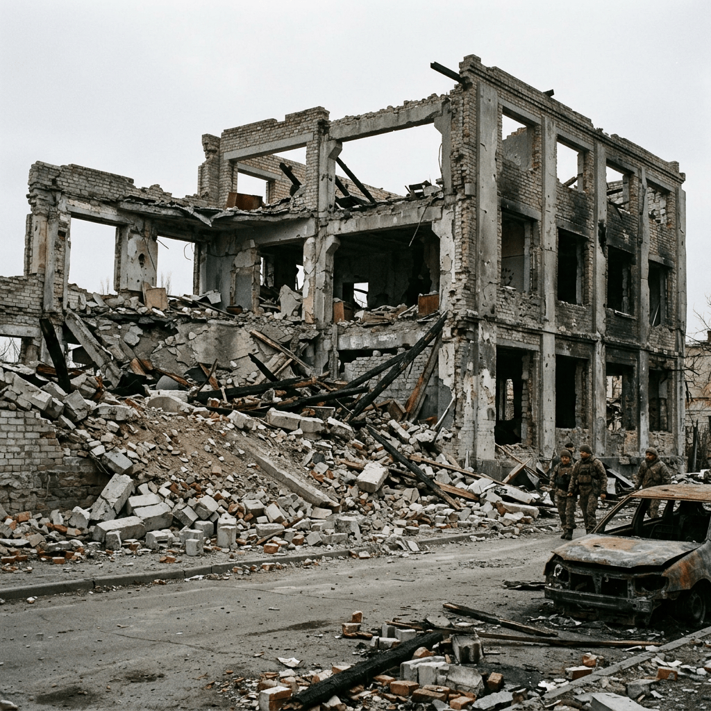 Soldiers walking past a bomb-damaged building and burned-out car