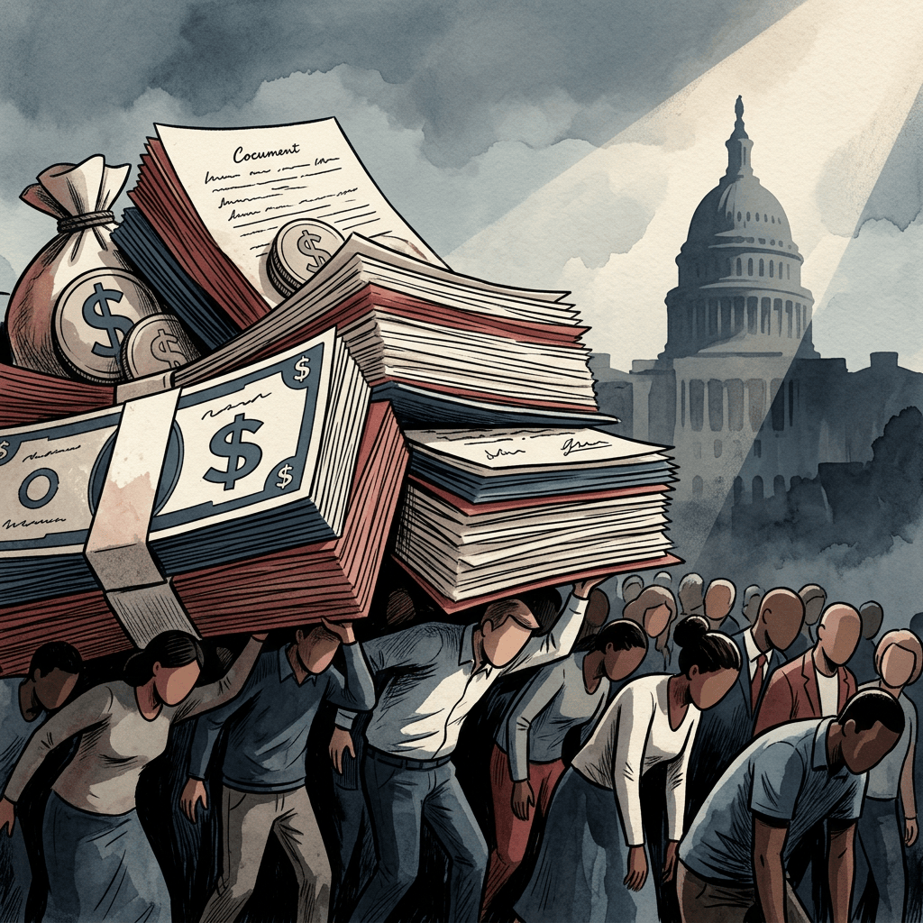 People carry stacks of money beneath the U.S. Capitol dome