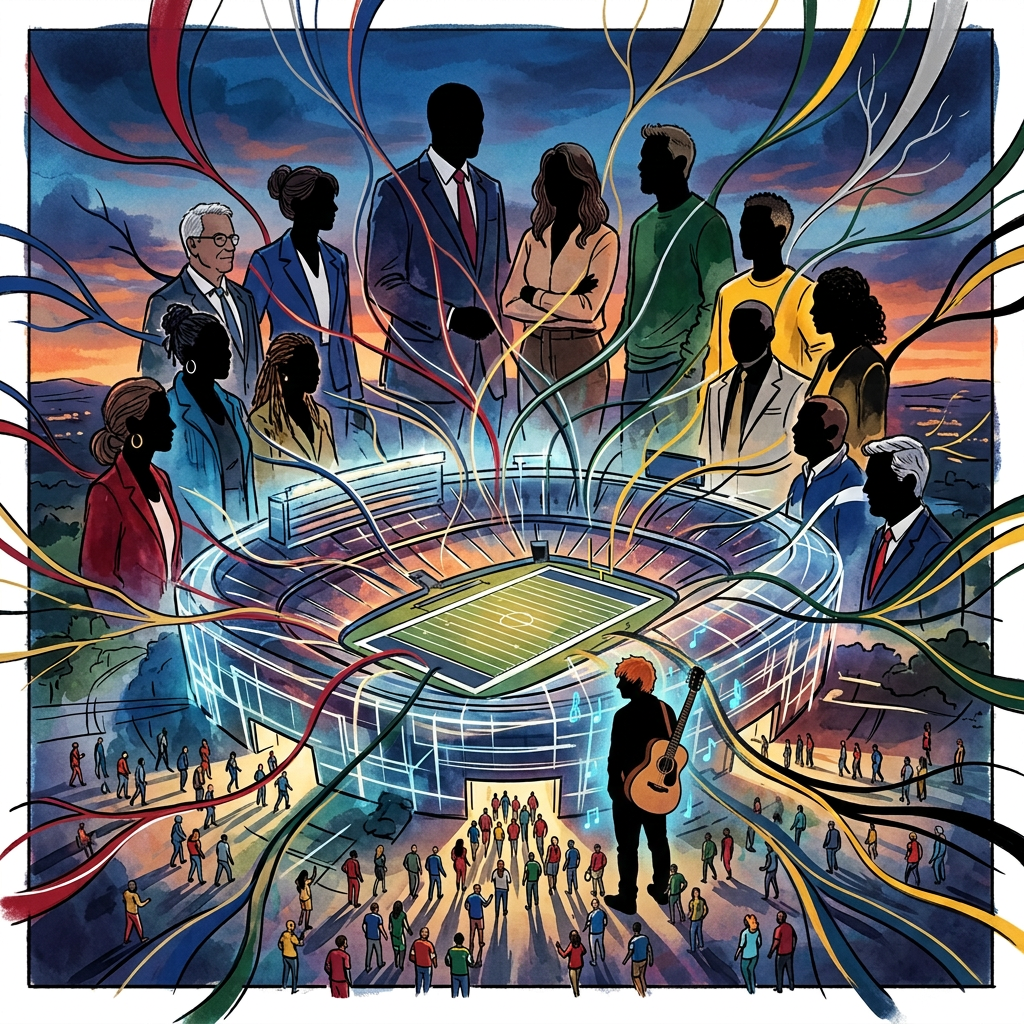 Illustration of diverse people connected by colorful lines around a stadium