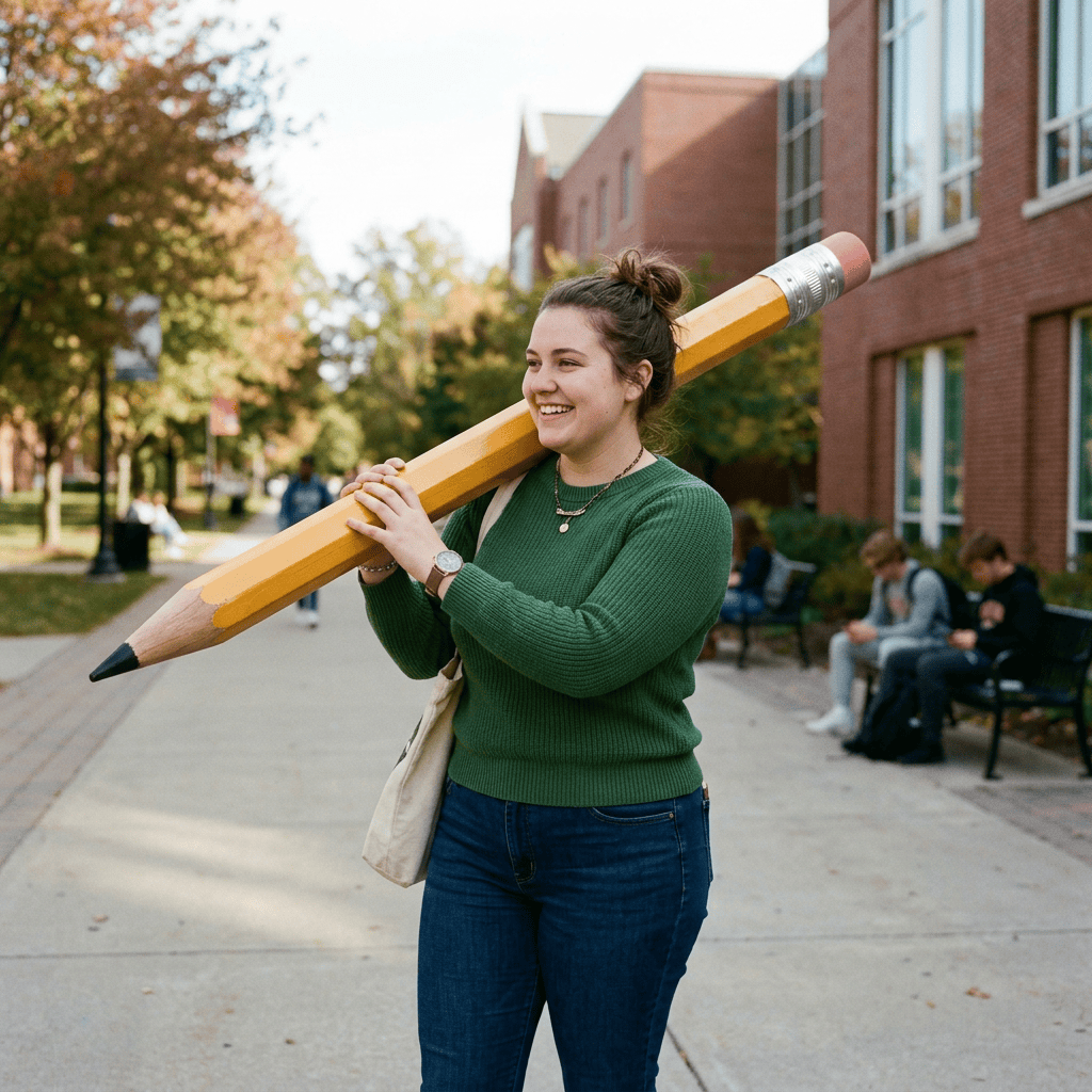 Smiling student carrying an oversized pencil on a campus walkway
