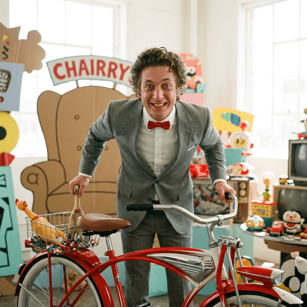 Smiling man in gray suit standing behind a red vintage bicycle