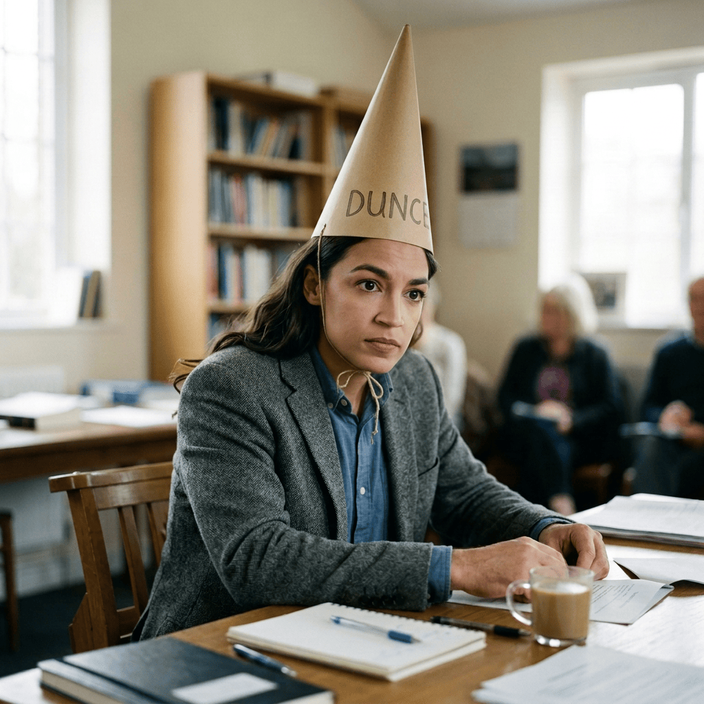 Man seated at a classroom table wearing a paper hat labeled “DUNCE”