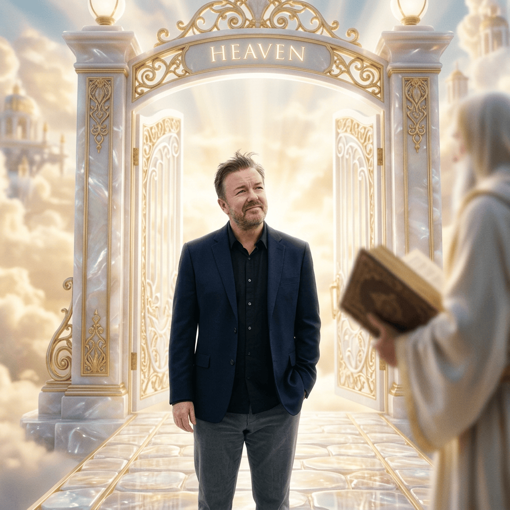 Man standing before ornate gates labeled HEAVEN, with robed figure holding book