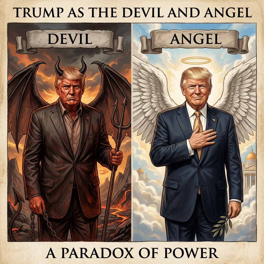 Illustration titled “TRUMP AS THE DEVIL AND ANGEL,” showing Trump as a devil and angel; captioned “A PARADOX OF POWER.”