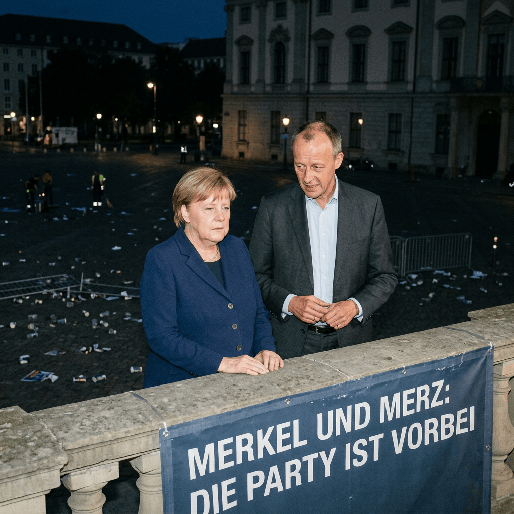 Angela Merkel and Friedrich Merz beside banner reading “MERKEL UND MERZ: DIE PARTY IST VORBEI”