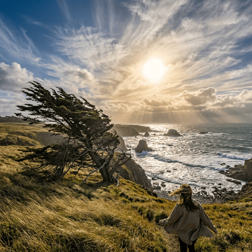 Person walking through windswept grass toward sunlit ocean cliffs