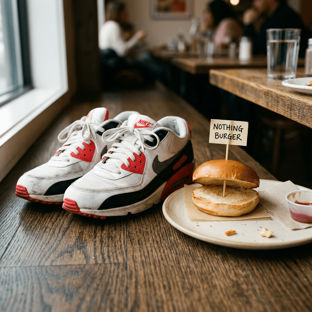 Nike sneakers beside a burger labeled “NOTHING BURGER”