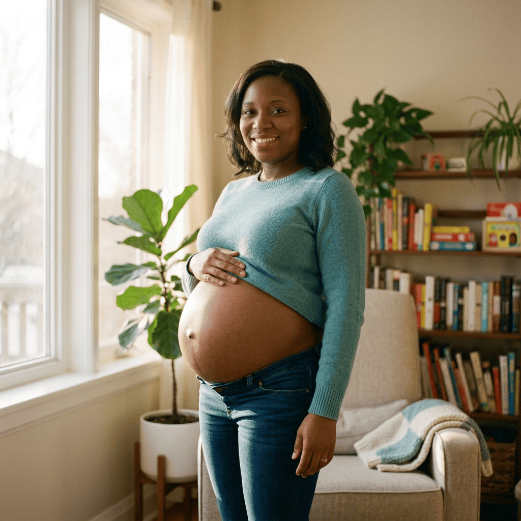 Pregnant woman smiling and cradling her belly in a sunlit living room
