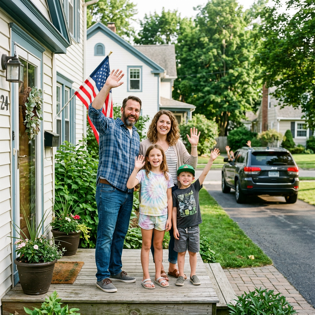Family waving from a porch beside an American flag and parked car