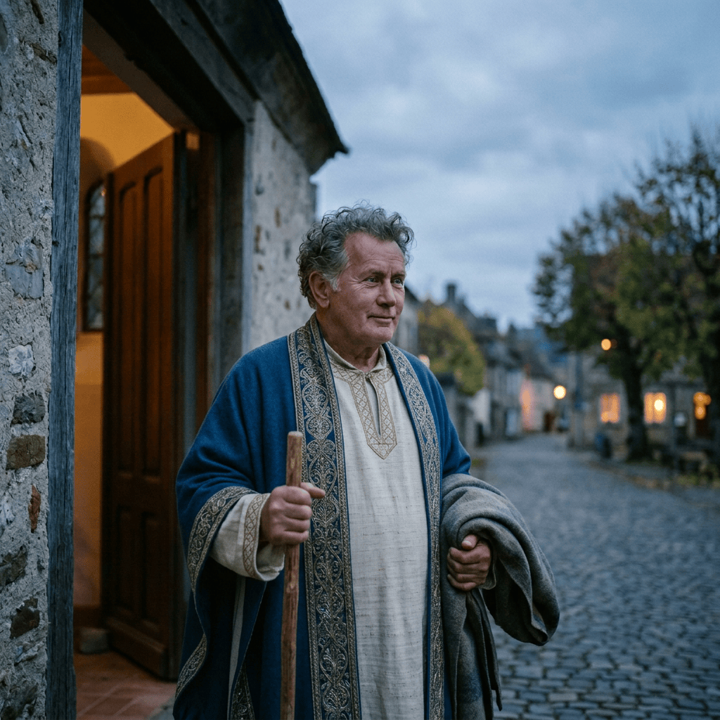 Man leaving a stone house at dusk with a walking stick and coat