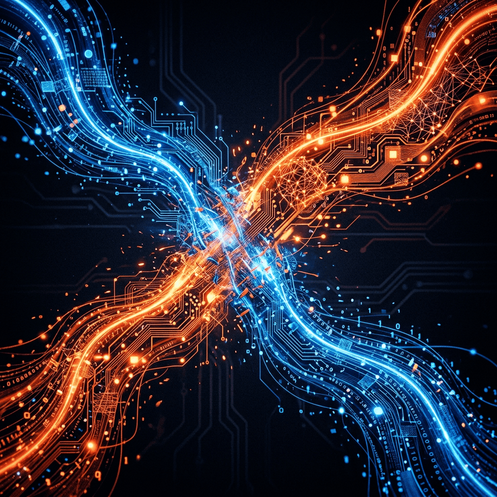 Blue and orange digital circuitry streams converging at the center