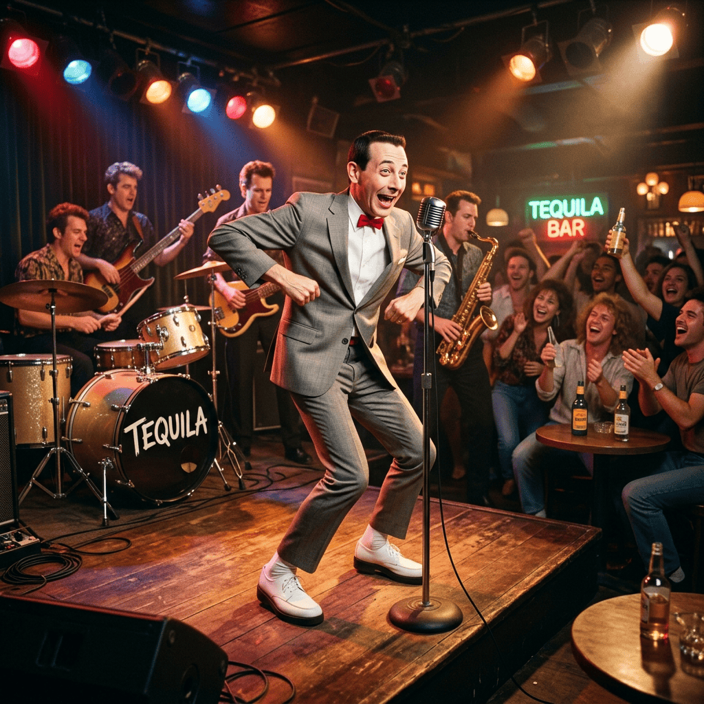 Singer in gray suit performing with band before cheering nightclub audience