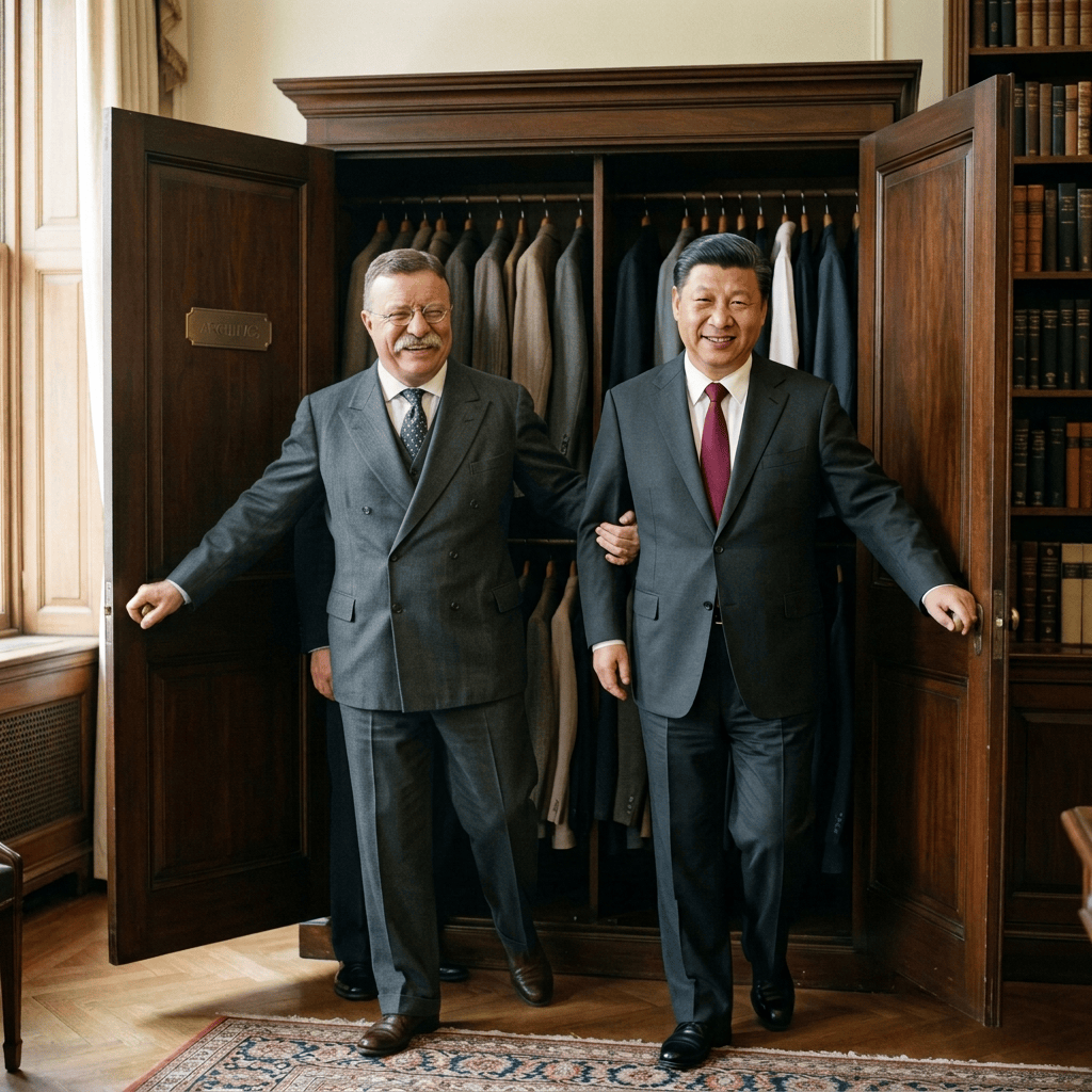 Two suited men standing beside an open wardrobe in a library