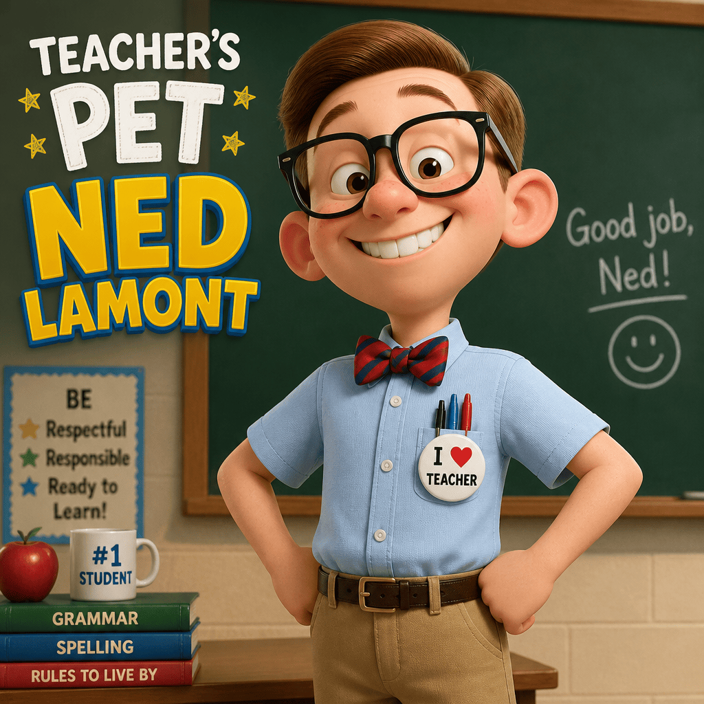 Teacher’s Pet Ned Lamont; “Good job, Ned!”; “BE Respectful Responsible Ready to Learn!”; “#1 STUDENT”; “GRAMMAR,” “SPELLING,” “RULES TO LIVE BY”; “I ♥ TEACHER.”