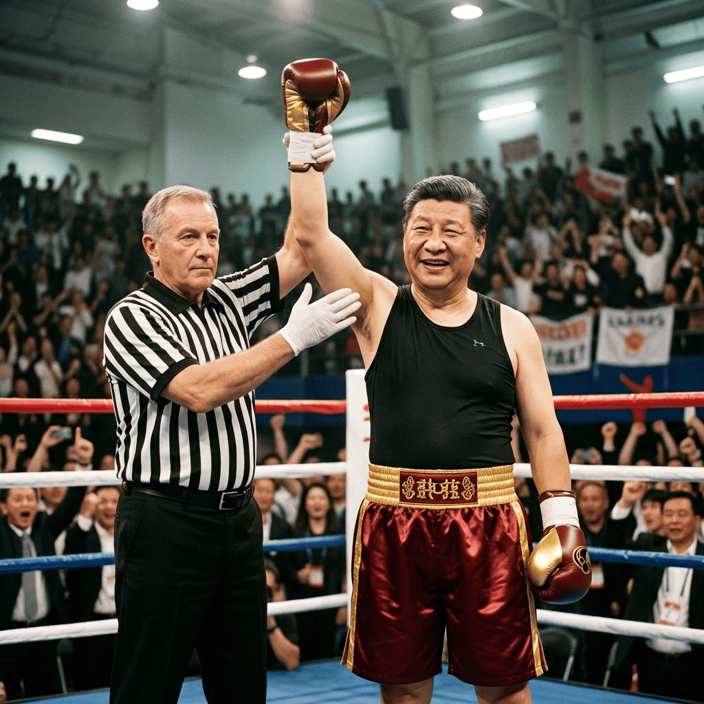 Referee raising a boxer's glove after a match