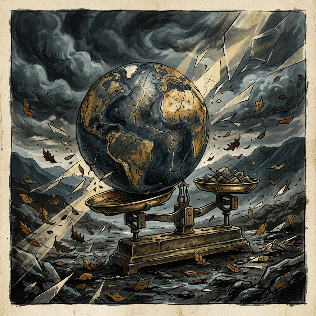 Cracked globe balanced against rubble on a vintage scale amid storm clouds