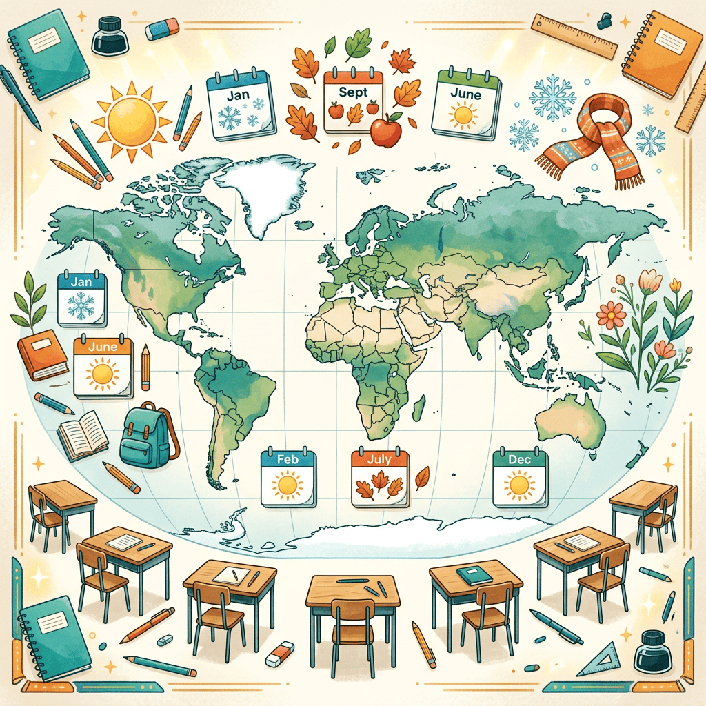 World map surrounded by school supplies and calendars labeled Jan, Sept, June, Feb, July, and Dec