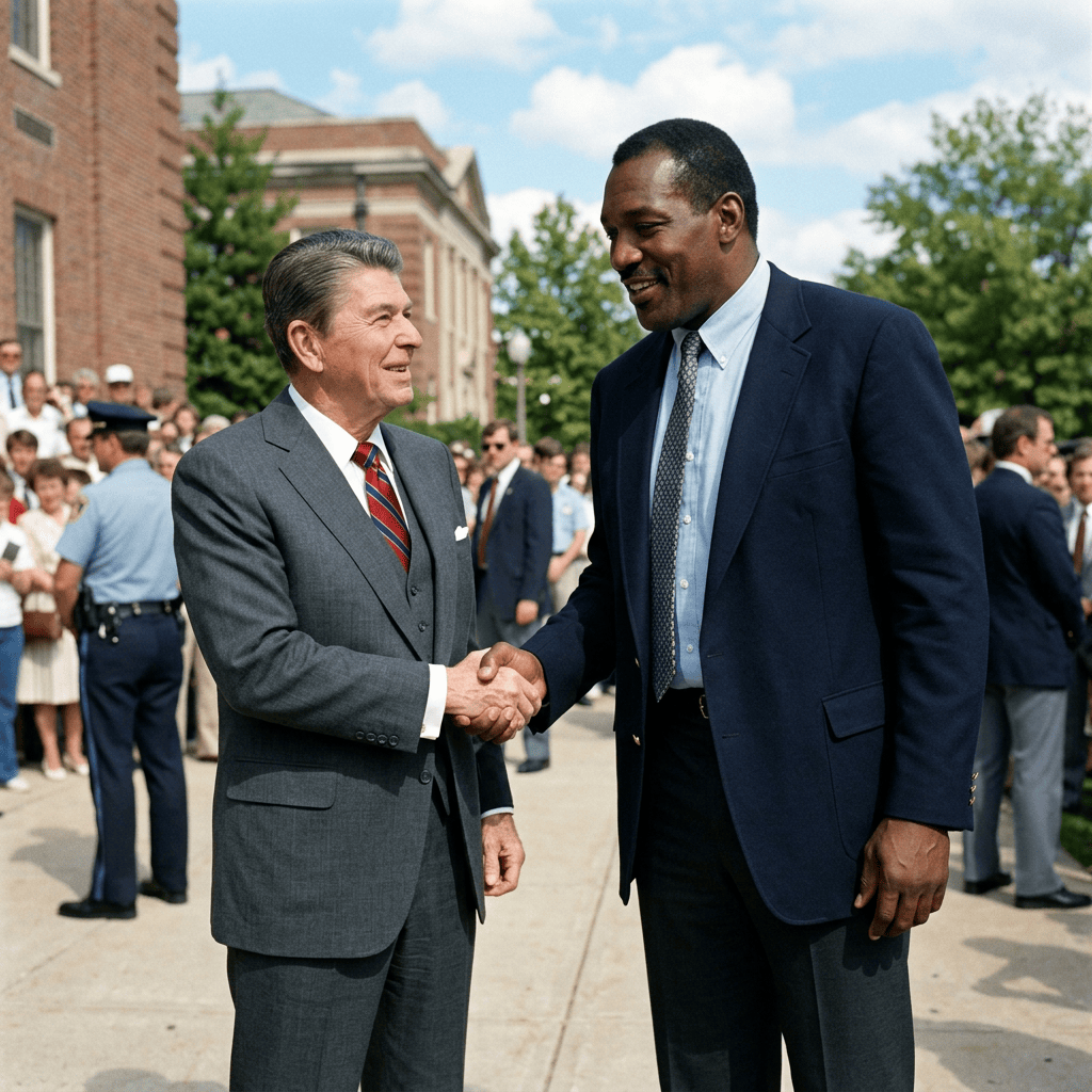 Two men in suits shaking hands outdoors before a crowd