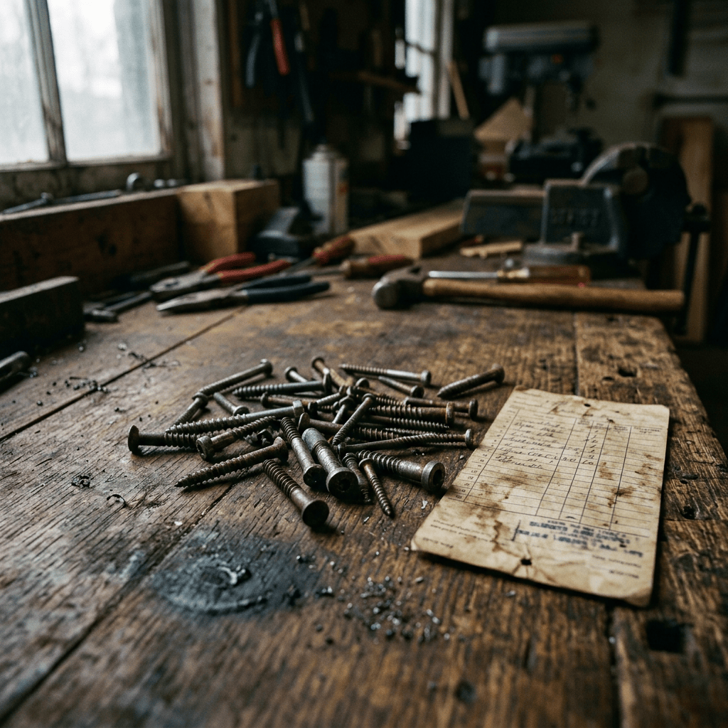 Screws, hand tools, and inventory card on a wooden workshop bench