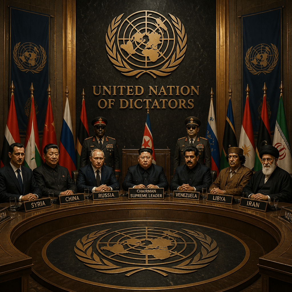 Fictional council labeled United Nation of Dictators, with leaders from Syria, China, Russia, North Korea, Venezuela, Libya, and Iran.