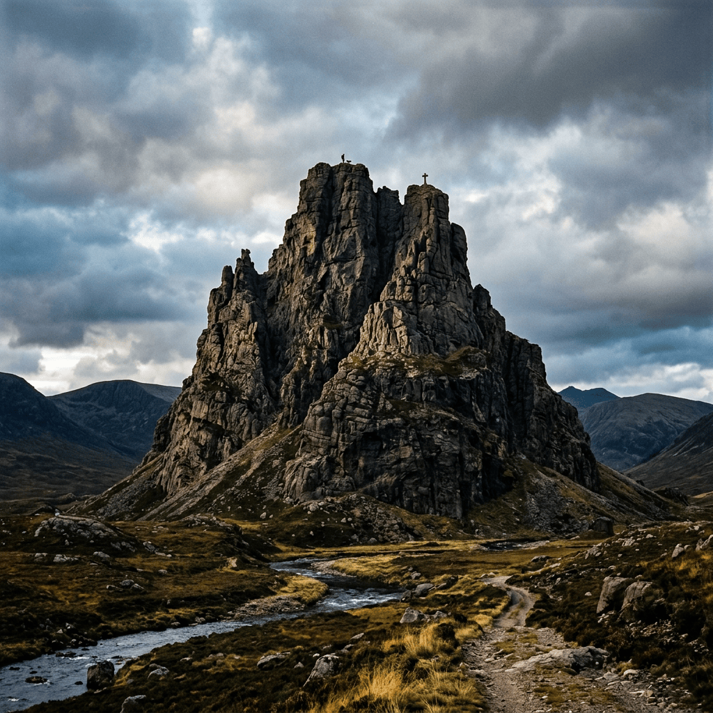 Jagged rock spire overlooking a stream in a mountainous valley