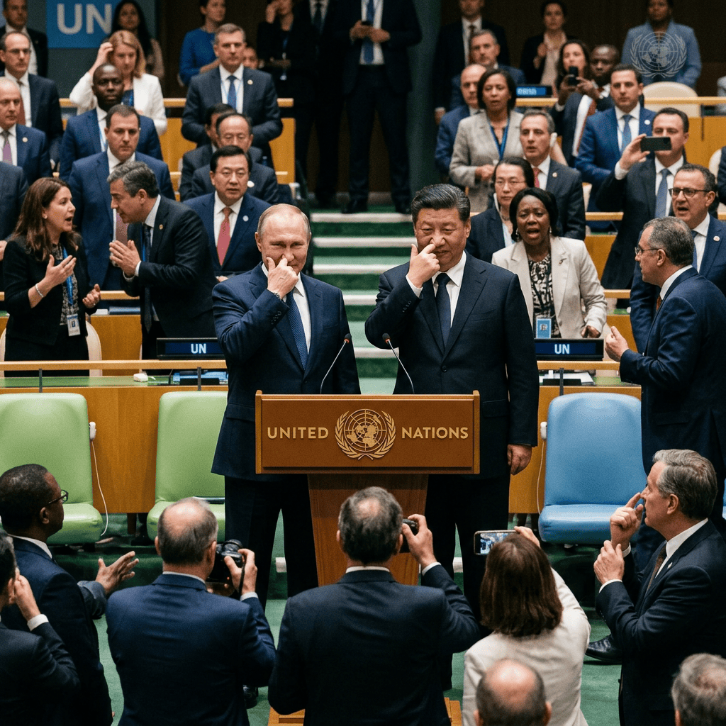 Putin and Xi Jinping at a United Nations podium