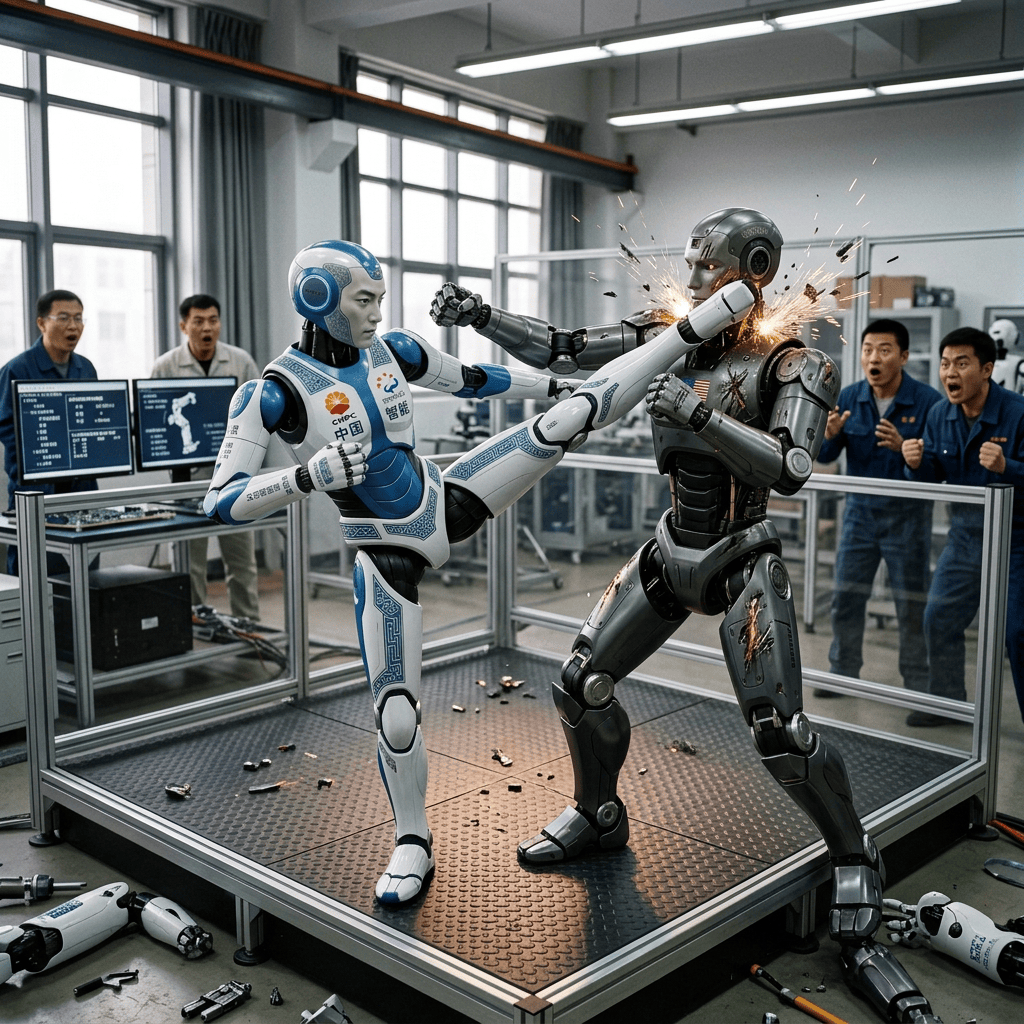 Two humanoid robots collaborating around a mechanical component in a robotics lab