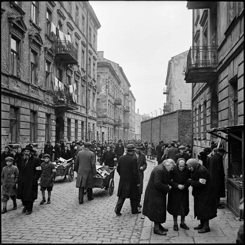 Crowded wartime ghetto street with residents wearing armbands and pushing carts