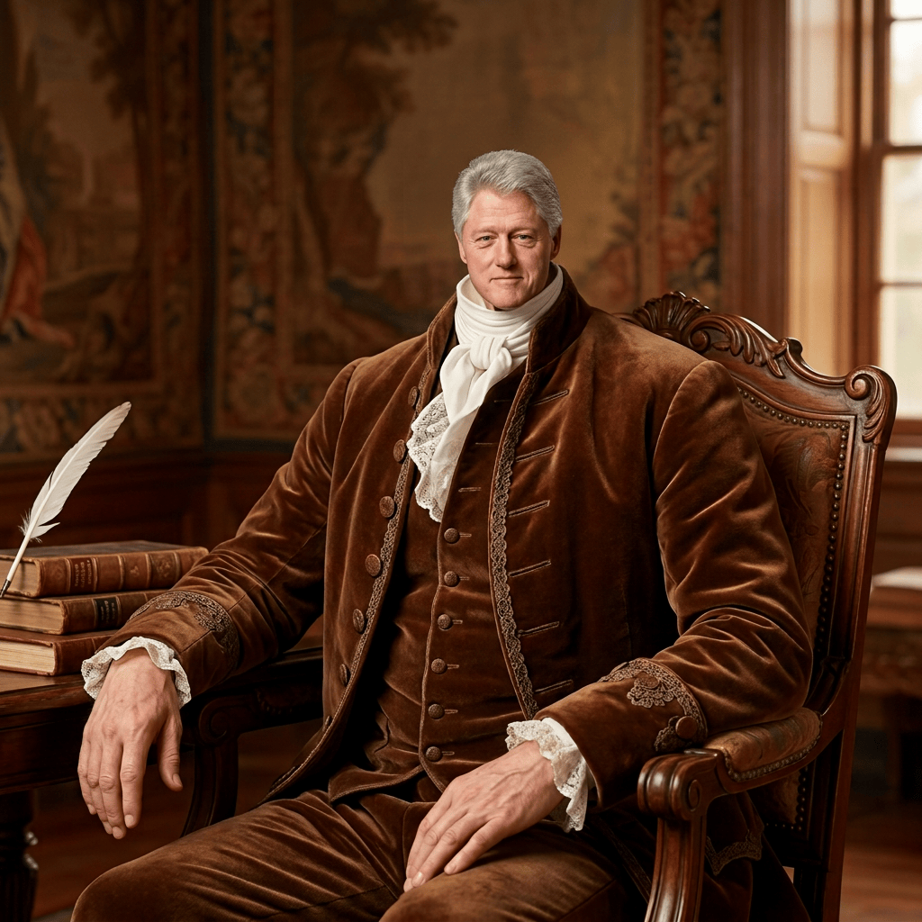 Colonial-era statesman seated in a carved chair beside books and a quill