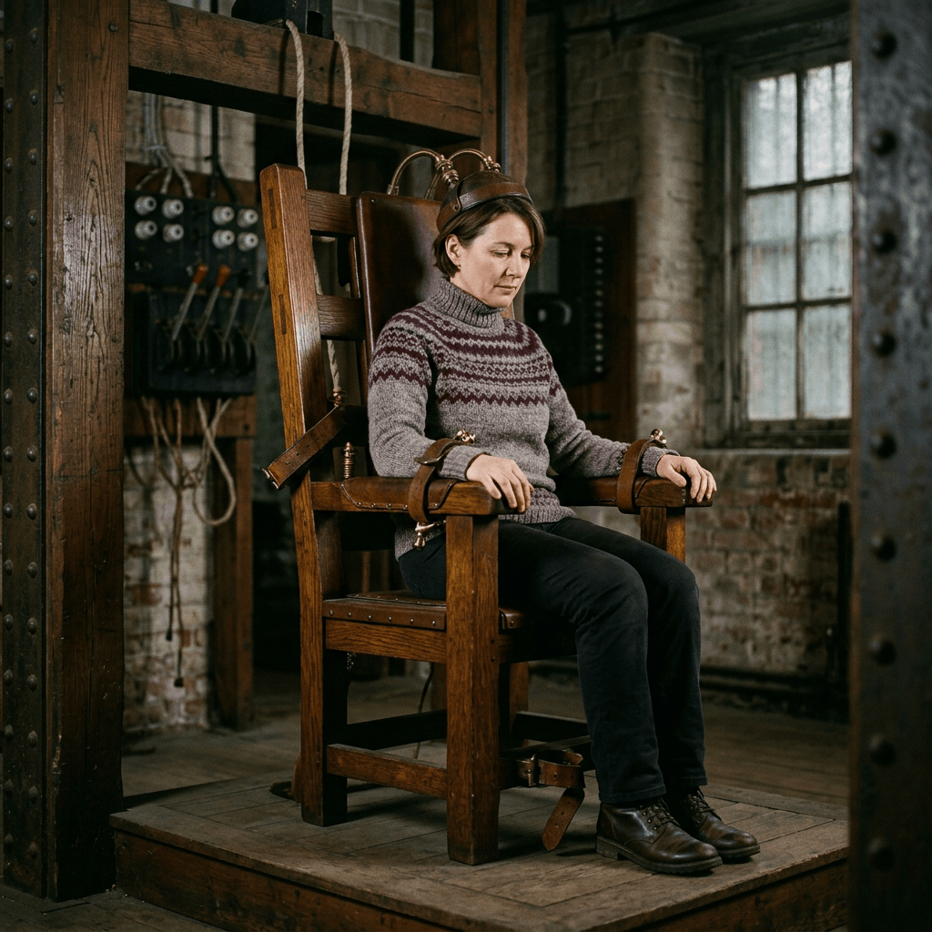 Woman seated in a vintage wooden restraint chair in an industrial room