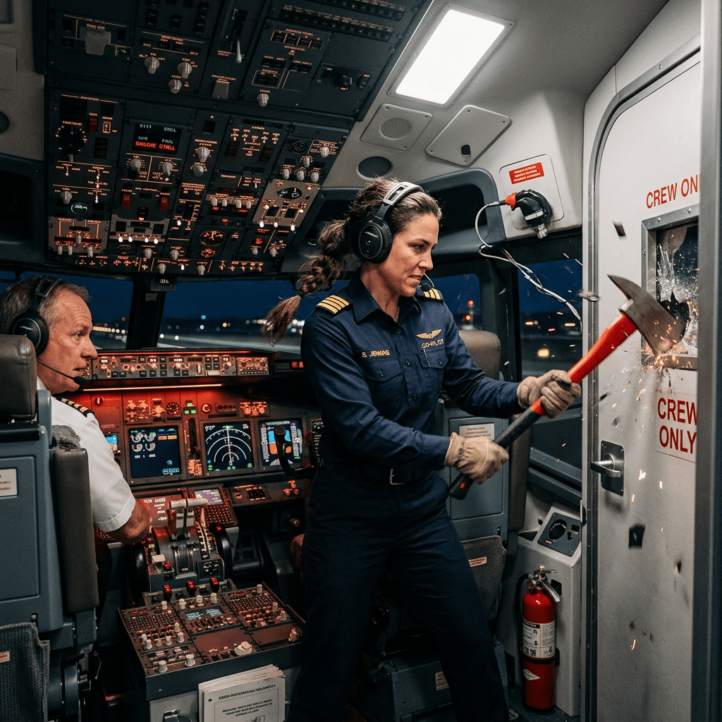 Crew member strikes a crew-only cockpit door with an emergency axe