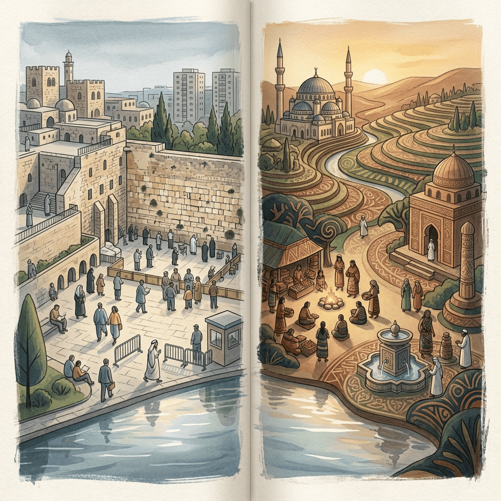 Split illustration showing a modern city park beside an ancestral terraced landscape