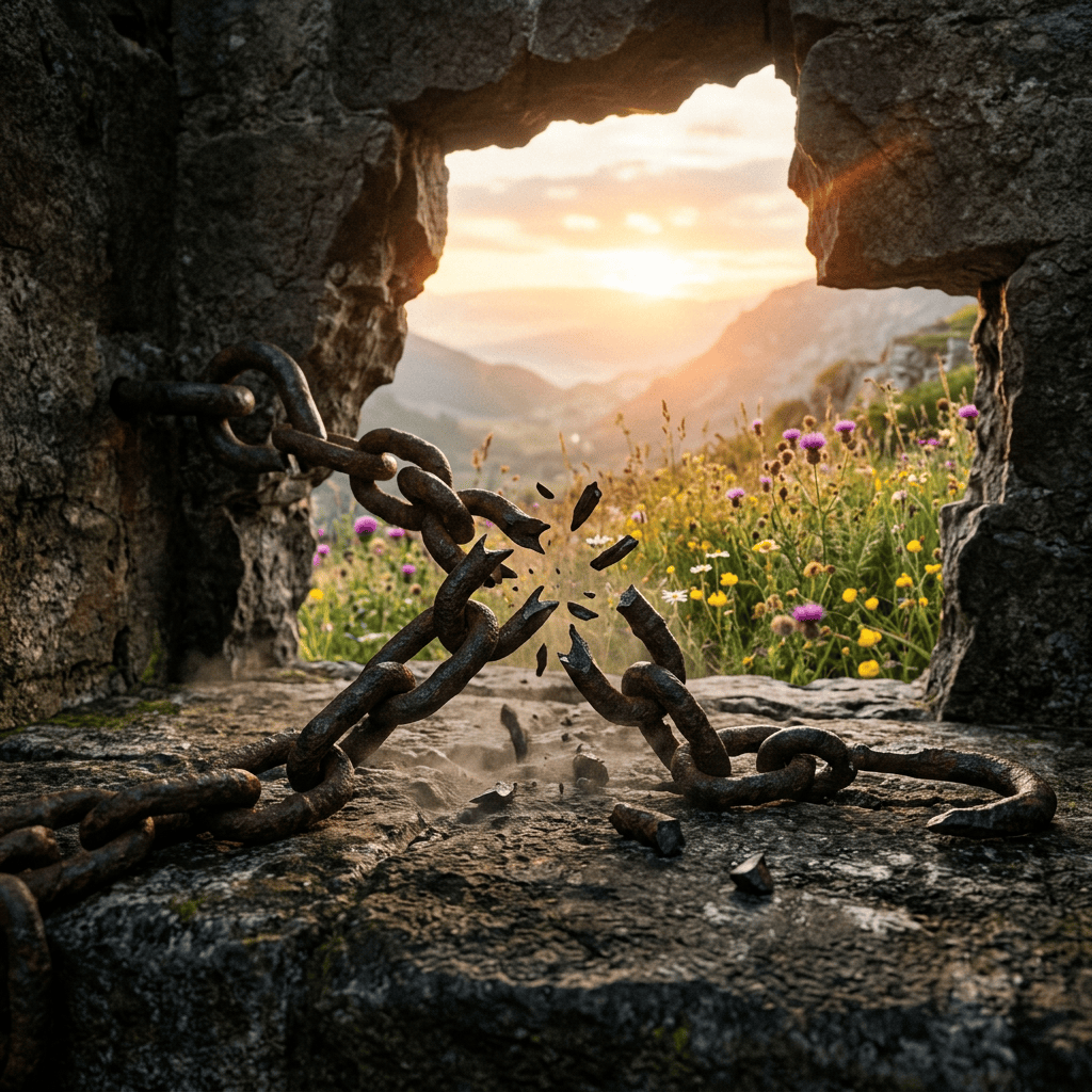 Broken iron chain across a rocky opening overlooking a sunlit mountain meadow