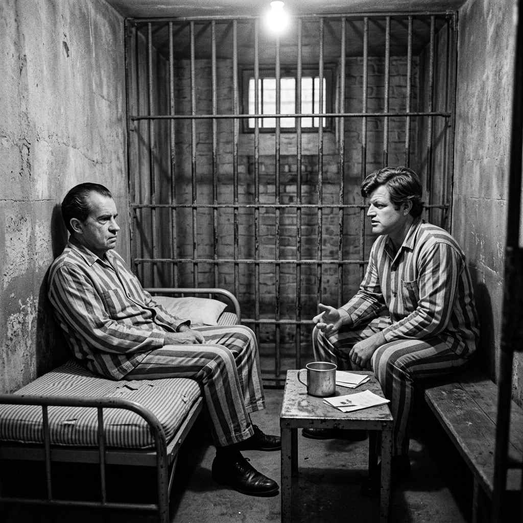Two prisoners in striped uniforms conversing inside a stark prison cell