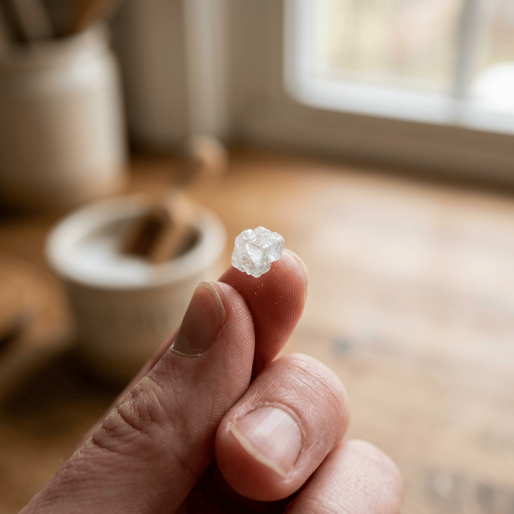 Fingers holding a small sugar cube above a cup of coffee