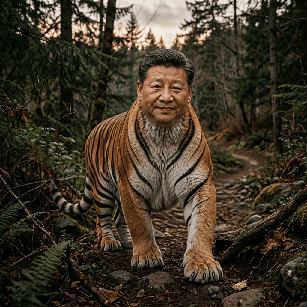 Tiger-headed figure kneeling in a forest while holding a large knife