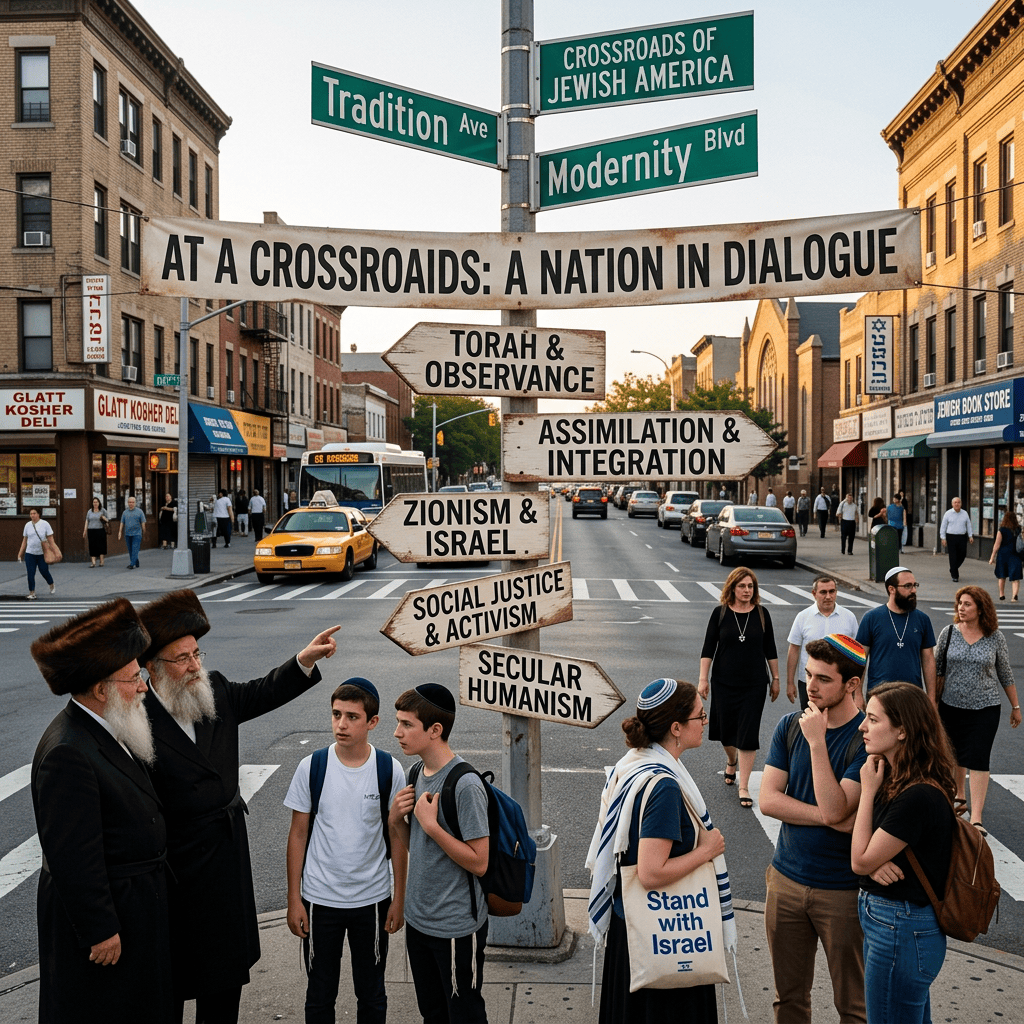 Street signs read “Crossroads of Jewish America,” with signs for tradition, modernity, and Jewish perspectives.