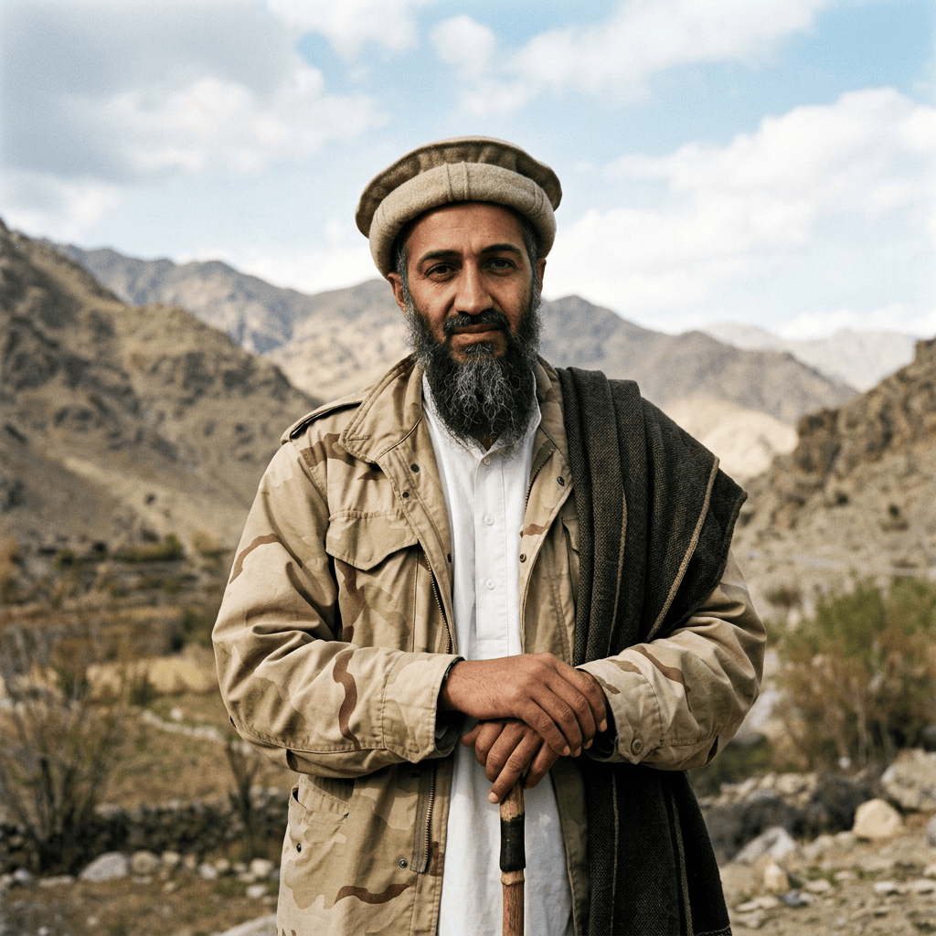 Bearded man in traditional clothing standing before rugged mountains