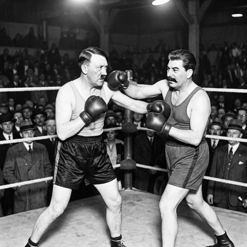 Adolf Hitler and Joseph Stalin boxing in a crowded ring