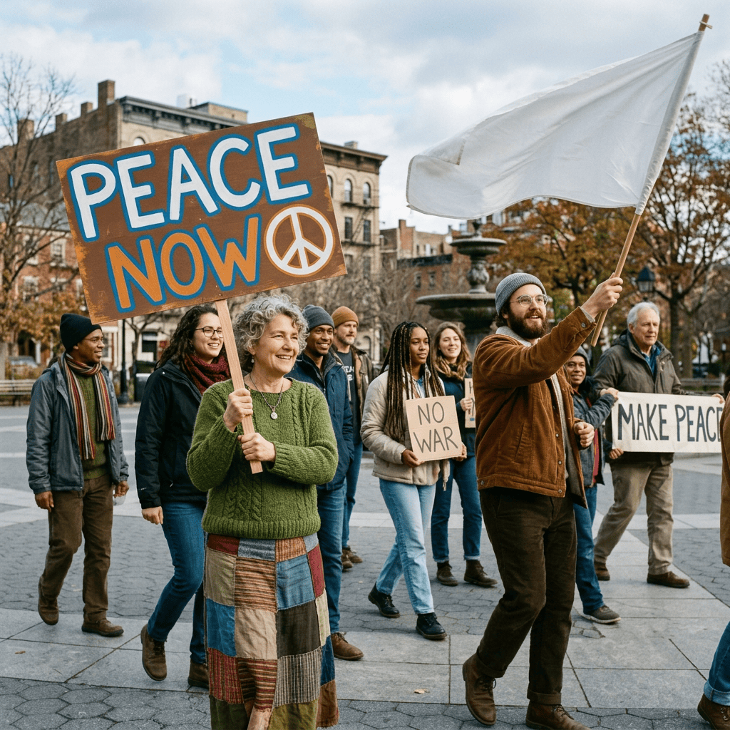Peace marchers carrying signs reading “PEACE NOW,” “NO WAR,” and “MAKE PEACE”