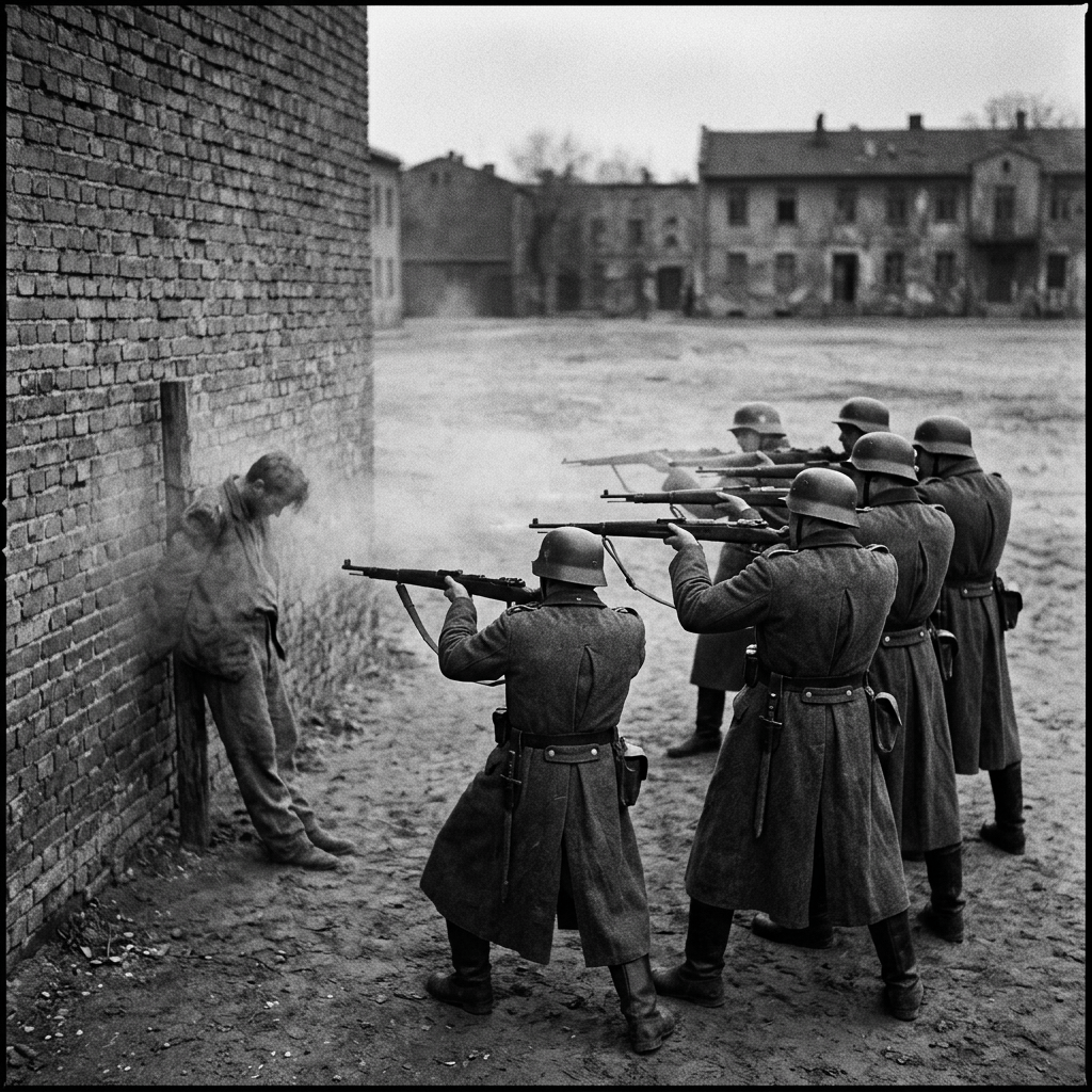 Five uniformed soldiers aim rifles at a man beside a brick wall